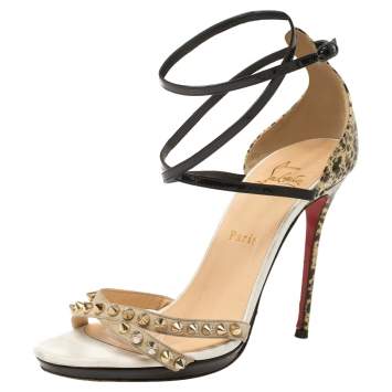 Pre Owned Christian Louboutin Multicolor Patent Leather and Suede Ankle Strap Sandals Size 38.5