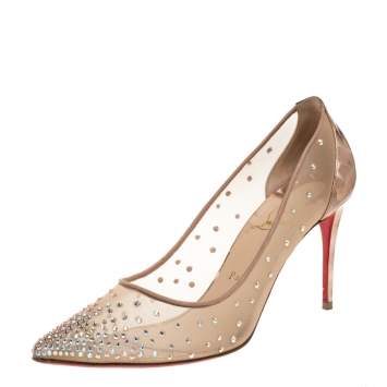 Pre Owned Christian Louboutin Beige/Gold Mesh And Leather Trim Follies Strass Pointed Toe Pumps Size 39.5