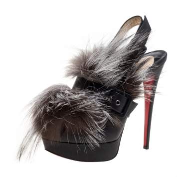Pre Owned Christian Louboutin Black Leather And Fox Fur Splash Peep Toe Platform Pumps Size 39.5
