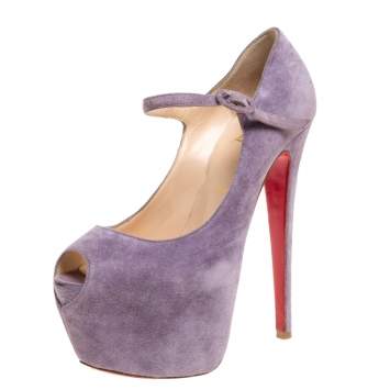 Pre Owned Christian Louboutin Purple Suede Daffodile Mary Jane Peep Toe Platform Pumps Size 37