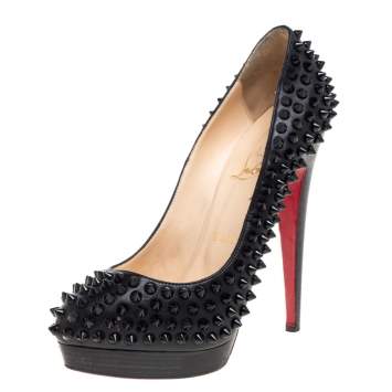 Pre Owned Christian Louboutin Black Leather Alti Spikes Platform Pumps Size 37