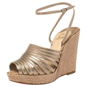 Pre Owned Christian Louboutin Metallic Beige Leather and Snakeskin Strappy Ankle Strap Wedge Platform Sandals Size 37