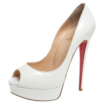 Pre Owned Christian Louboutin White Leather Lady Peep Platform Pumps Size 39
