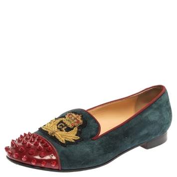 Pre Owned Christian Louboutin Blue/Red Suede And Patent Spiked Cap Toe Harvanana Smoking Slipper Size 37.5