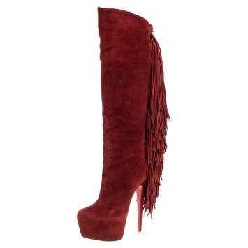 Pre Owned Christian Louboutin Red Suede Interlopa Fringe Detail Knee Length Platform Boots Size 36.5