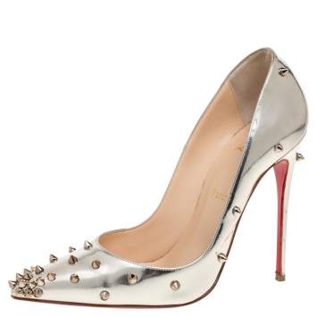 Pre Owned Christian Louboutin Silver Foil Leather Spiked Pointed Toe Pumps Size 39