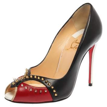 Pre Owned Christian Louboutin Black/Red Leather Peep Toe Studded Pumps Size 35