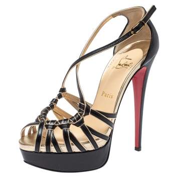 Pre Owned Christian Louboutin Black/Gold Leather Strappy Platform Sandals Size 38