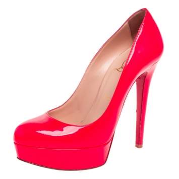Pre Owned Christian Louboutin Neon Coral Pink Patent Leather Platform Pumps Size 37.5