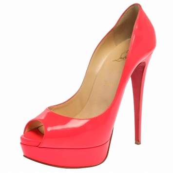 Pre Owned Christian Louboutin Neon Coral Patent Leather Peep Toe Pumps Size 39.5