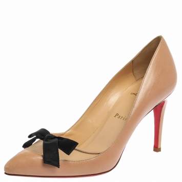 Pre Owned Christian Louboutin Beige Leather And Mesh 'Love Me' Bow Pumps Size 38