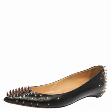 Pre Owned Christian Louboutin Black Leather Spike Goldoflat Ballet Flats Size 39.5