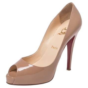 Pre Owned Christian Louboutin Beige Patent Leather Very Prive Peep Toe Pumps Size 38.5