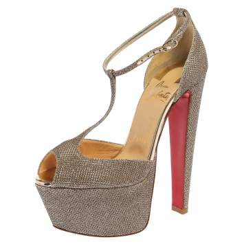 Pre Owned Christian Louboutin Gold Glitter Fabric Nencheritza T Strap Platform Sandals Size 35.5