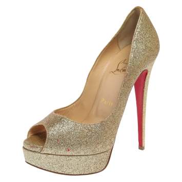 Pre Owned Christian Louboutin Gold Glitter Lady Peep Toe Platform Pumps Size 37