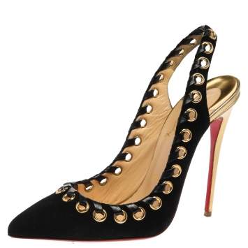 Pre Owned Christian Louboutin Black Suede And Leather Trim Whipstitch Ostri Slingback Sandals Size 39