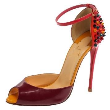 Pre Owned Christian Louboutin Purple/Orange Patent Leather Pina Spike Peep Toe Sandals Size 38