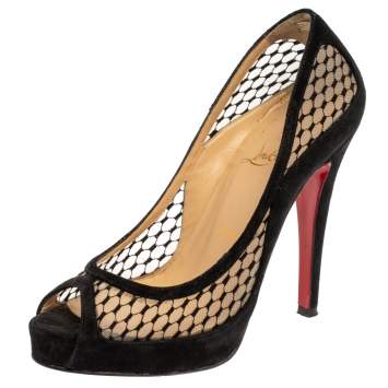 Pre Owned Christian Louboutin Black Mesh and Suede Camilla Platform Pumps Size 35