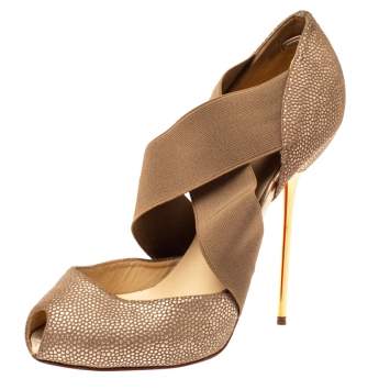 Pre Owned Christian Louboutin Metallic Beige Textured Leather and Criss Cross Elastic Peep Toe Pumps Size 38