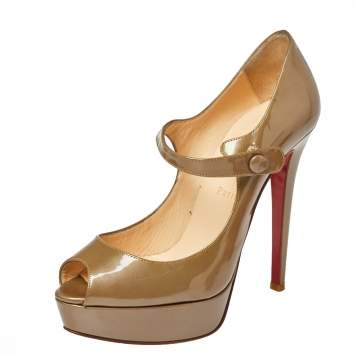 Pre Owned Christian Louboutin Dark Beige Patent Leather Bana Mary Jane Platform Pumps Size 38.5