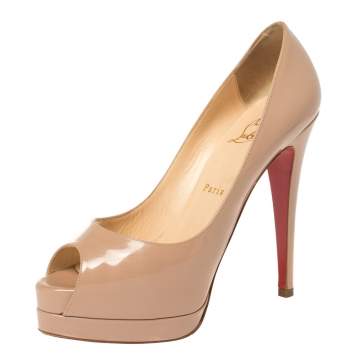 Pre Owned Christian Louboutin Beige Patent Leather Lady Peep Toe Platform Pumps Size 38.5