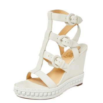 Pre Owned Christian Louboutin White Leather Rock N Buckle Wedge Platform Espadrilles Sandals Size 39
