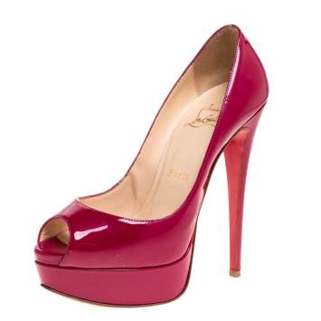 Pre Owned Christian Louboutin Fuchsia Patent Leather Lady Peep Toe Platform Pumps Size 36