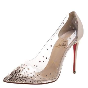 Pre Owned Christian Louboutin Beige Leather And PVC Degrastrass Crystal Embellished Pumps Size 35.5