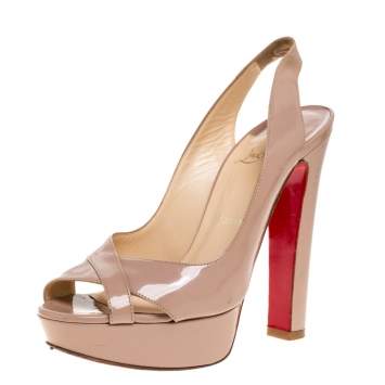 Pre Owned Christian Louboutin Beige Patent Leather Marpoil Peep Toe Platform Slingback Sandals Size 37.5