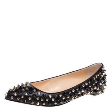 Pre Owned Christian Louboutin Black Leather Pigalle Spike Ballet Flats Size 35.5