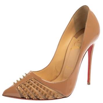 Pre Owned Christian Louboutin Beige Patent Leather Bareta Spike Pointed Toe Pumps Size 38