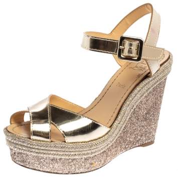 Pre Owned Christian Louboutin Metallic Gold Leather and Glitter Almeria Espadrille Wedge Sandals Size 38