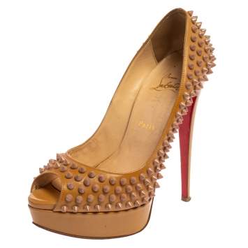 Pre Owned Christian Louboutin Beige Patent Leather Lady Peep Spikes Platform Pumps Size 39.5