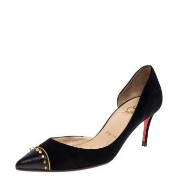 Pre Owned Christian Louboutin Black/Gold Suede Leather Culturella 70 Pointed Toe Pumps Size 35