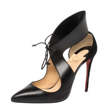 Pre Owned Christian Louboutin Black Suede Leather France Lace Up Pointed Toe Pumps Size 39