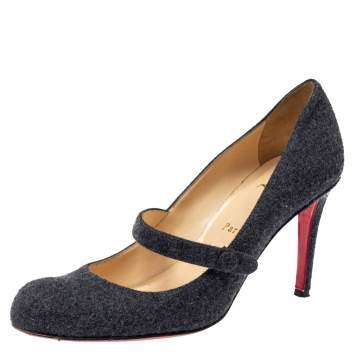 Pre Owned Christian Louboutin Grey Wool Charlene Mary Jane Pumps Size 37.5