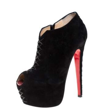 Pre Owned Christian Louboutin Black Suede Recouzetta Peep Toe Platform Ankle Boots Size 38.5 