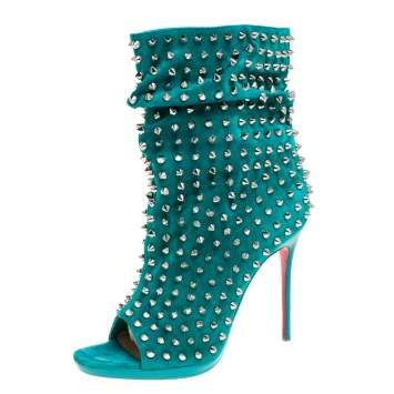 Pre Owned Christian Louboutin Green Suede Leather Guerilla Spiked Open Toe Ankle Boots Size 38.5