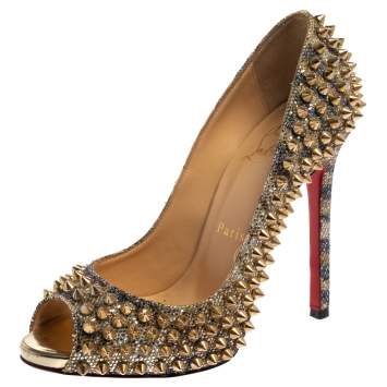 Pre Owned Christian Louboutin Gold Glitter Spike Peep Toe Pumps Size 36