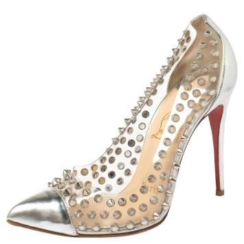 Pre Owned Christian Louboutin Silver Patent Leather And PVC Debout Pointed Toe Pumps Size 36