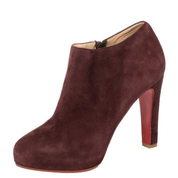 Pre Owned Christian Louboutin Maroon Suede Platform Booties Size 37.5