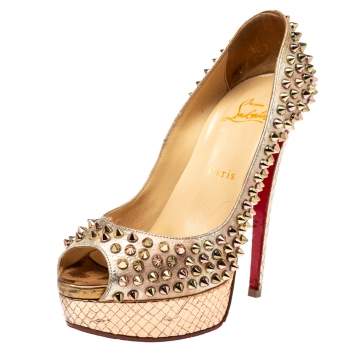 Pre Owned Christian Louboutin Metallic Gold/Rose Gold Leather Lady Peep Toe Spike Platform Pumps Size 38