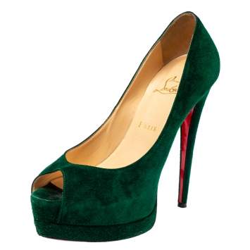 Pre Owned Christian Louboutin Green Suede Lady Peep Toe Platform Pumps Size 38