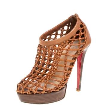 Pre Owned Christian Louboutin Brown Woven Leather 'Coussin 140mm' Platform Ankle Booties Size 36