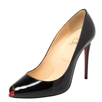 Pre Owned Christian Louboutin Black Patent Leather Youyou Peep Toe Pumps Size 38.5