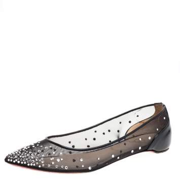 Pre Owned Christian Louboutin Black Embellished Mesh And Patent Leather Follies Strass Pointed Toe Ballet Flats Size 39