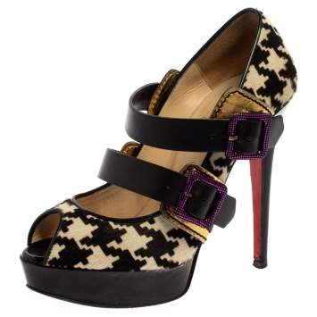Pre Owned Christian Louboutin Multicolor Calfhair and Leather Bikini Peep Toe Pumps Size 36.5