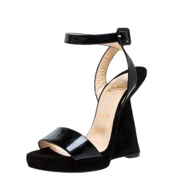 Pre Owned Christian Louboutin Black Suede And Patent Leather Djaldos Spechio Ankle Strap Wedges Size 37