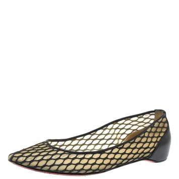 Pre Owned Christian Louboutin Black  Mesh And Leather Pigaresille Pointed-Toe Flats Size 37