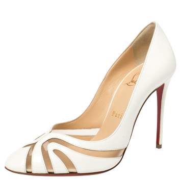 Pre Owned Christian Louboutin White Patent Leather and Mesh Olive 100 Pumps Size 36.5